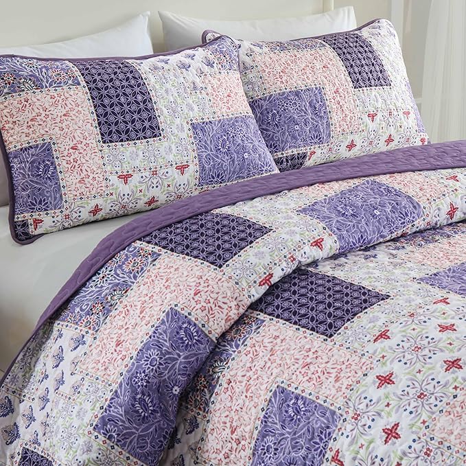 Xruibed Patchwork Quilt Set King Size 3 Pieces Plaid Floral Bedspread Coverlet - Image 3