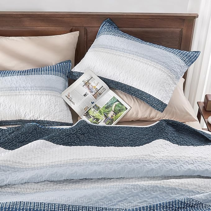 Andency Navy Blue Striped Quilt King, 3 Pieces Patchwork Bedspread Coverlet Set - Image 2