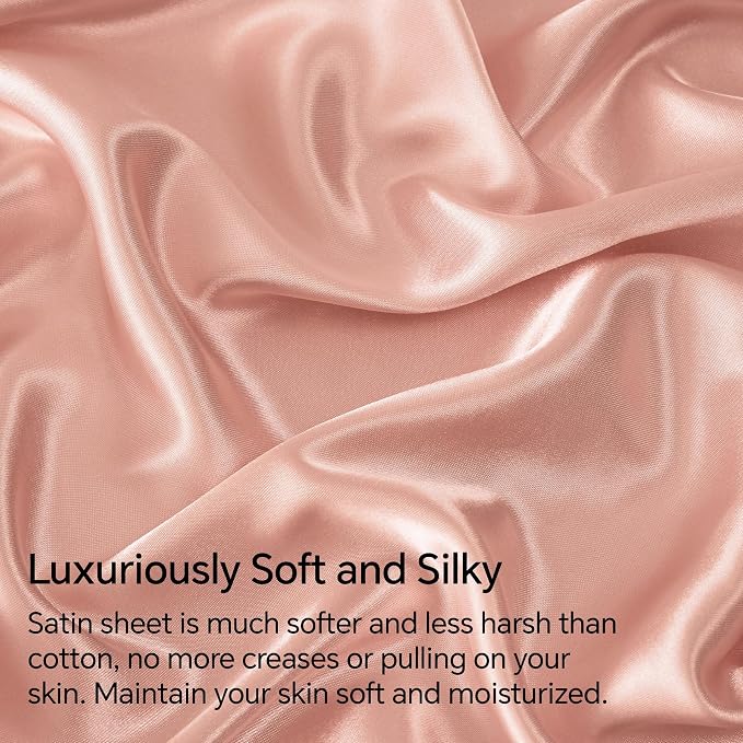 BEDELITE Satin Sheets Twin XL Size Bed Set, Luxury Soft Coral Pink Silky Sheets - Image 3
