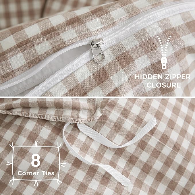 TOCOMOA Tan Gingham Duvet Cover Bedding Set 100% Washed Cotton Like Linen Feel - Image 6