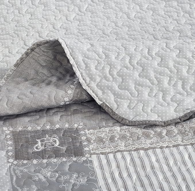 Brilliant Sunshine Grey Heart Love, Floral and Lace Patchwork, 3-Piece Quilt Set - Image 6