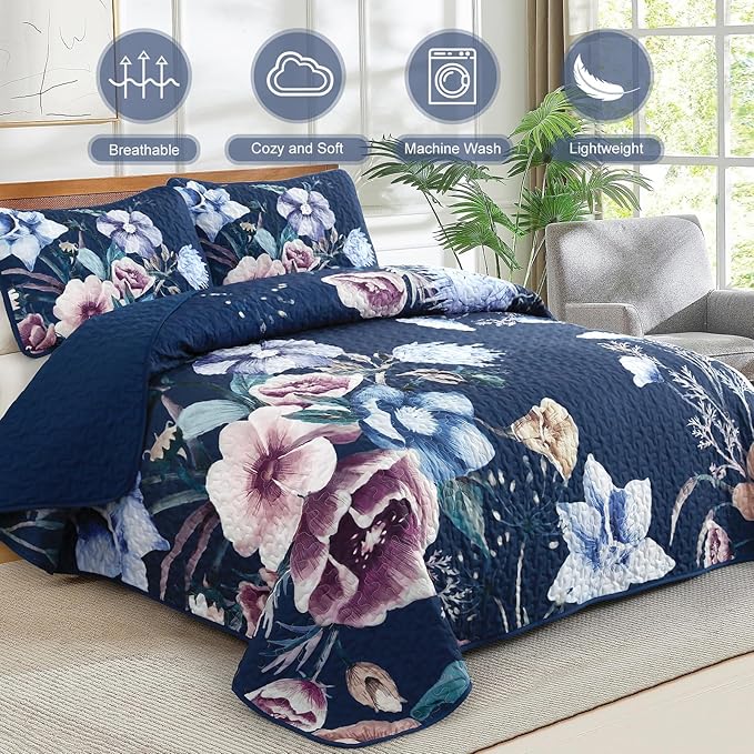 Drucon Blue Floral Quilt Set Queen Size 3 Pieces Blue Botanical Flower Quilt - Image 2