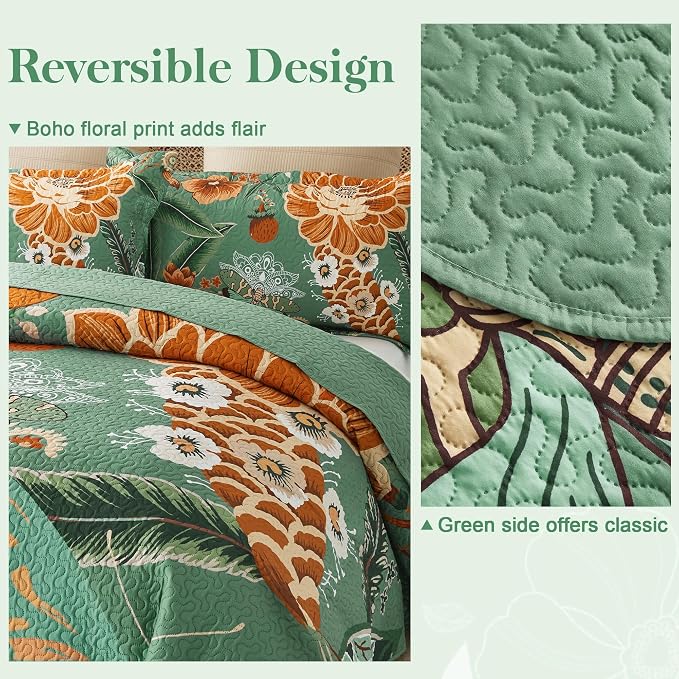 Tyrot 3 Piece Sage Green Boho Floral Full/Queen Quilt Sets Farmhouse Botanical - Image 3