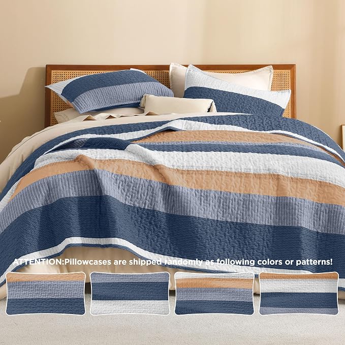 Litanika Quilt Queen Size BlueO, Stripe Patchwork Summer Bedspread Coverlet 3 - Image 5