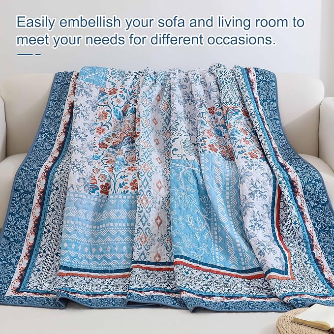 WONGS BEDDING Blue Quilt Set Queen Size, Bohemian Patchwork Bedspread Coverlet - Image 7