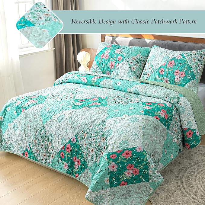 Whale Flotilla Patchwork Quilt Twin Size, Extra Soft Boho Floral Bedspreads - Image 2