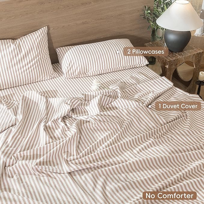 MooMee Striped Duvet Cover Set 100% Washed Cotton Linen Like Textured - Image 2