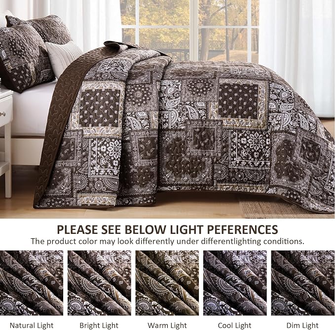Cottolester Brown Patchwork Quilt Set Queen Size, 3 Pieces Boho Paisley Quilt - Image 4