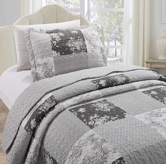 Brilliant Sunshine Grey Toile Floral Patchwork, 2-Piece Quilt Set - Image 3