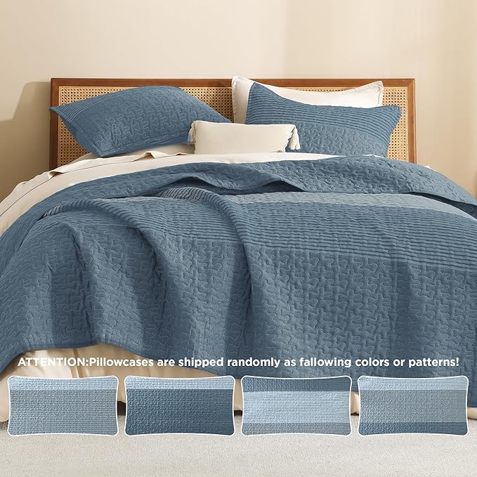 Litanika Oversized King Quilt Set Blue Linen, 120x120 Stripe Bedspread Coverlet - Image 5