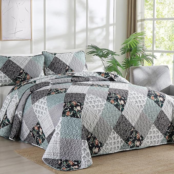 Xruibed Floral Plaid Patchwork Quilt Set Queen Size 3 Pieces Blue Gray - Image 2