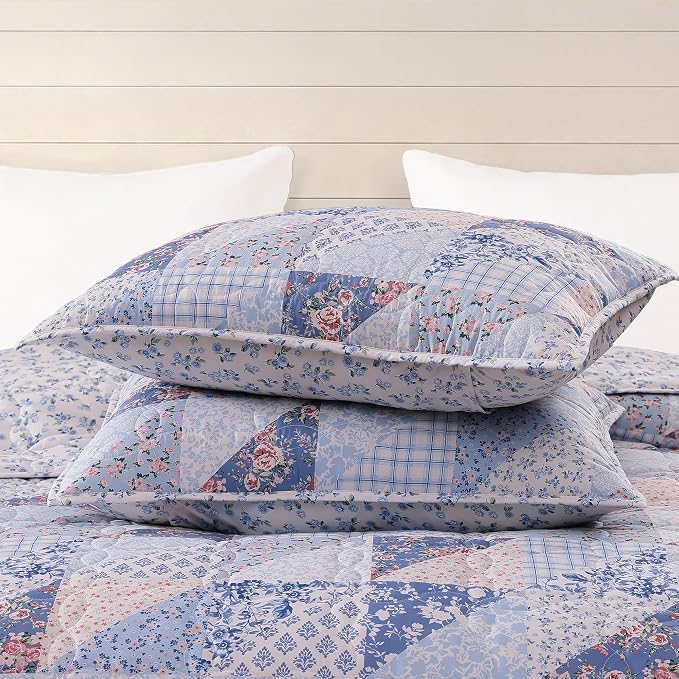BLOOMHAVEN Quilt Set Queen Size, Patchwork Blue Pink Marigold Floral Quilt Sets - Image 5