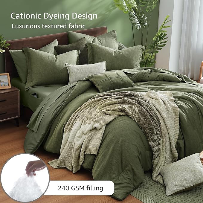 Monbix Twin XL Comforter Set Olive Green, Cationic Dyeing Bedding Set - Image 3
