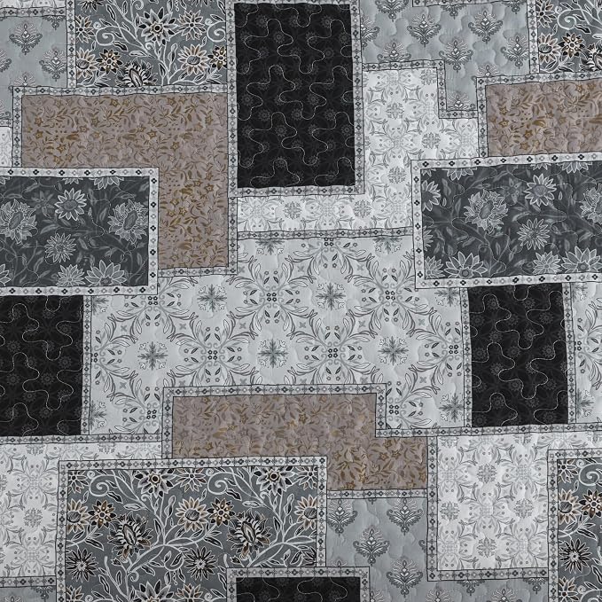 Xruibed Grey Quilt Set Queen Size 3 Pieces Plaid Floral Boho Bedspread Coverlet - Image 6