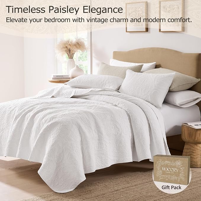 PALASSIO White Paisley 100% Cotton Quilt California Cal King Size Bedding Sets - Image 2