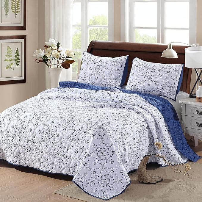 ROOMLIFE Quilt Set King Size 3D Floral Embroidery Pattern 3-Piece Cotton by ROOMLIFE