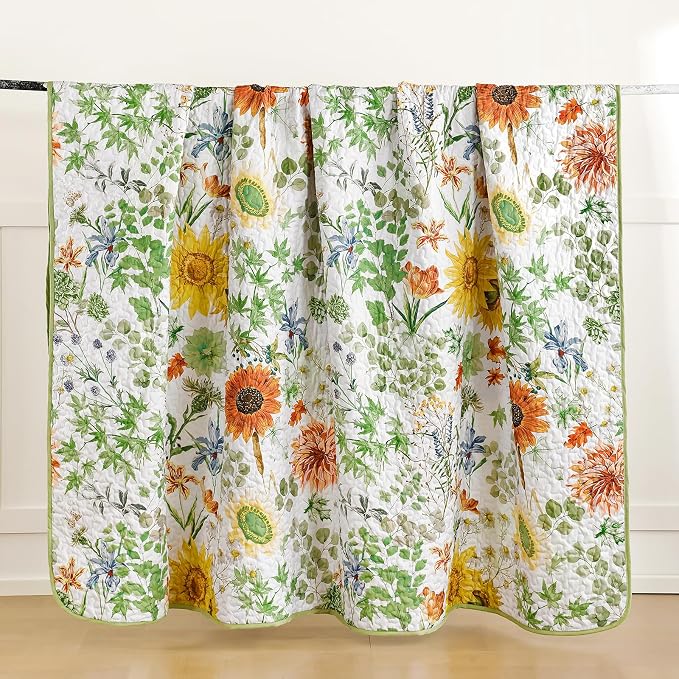 Yiran Floral King Quilt Bedding Set, Sage Green Sunflower Colorful Bedspreads - Image 8