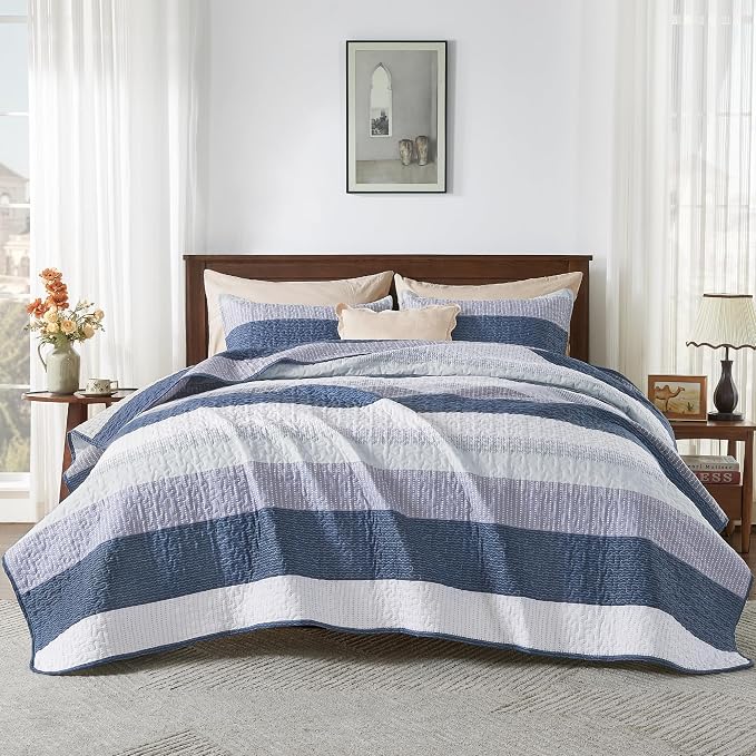 Andency Oversized King Quilt Set Mineral Blue, 128x120 Stripe Bedspread - Image 7