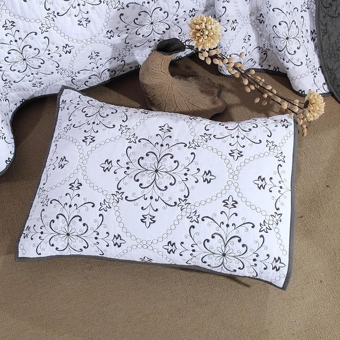 ROOMLIFE Quilt Set King Size 3D Floral Embroidery Pattern 3-Piece Cotton - Image 6