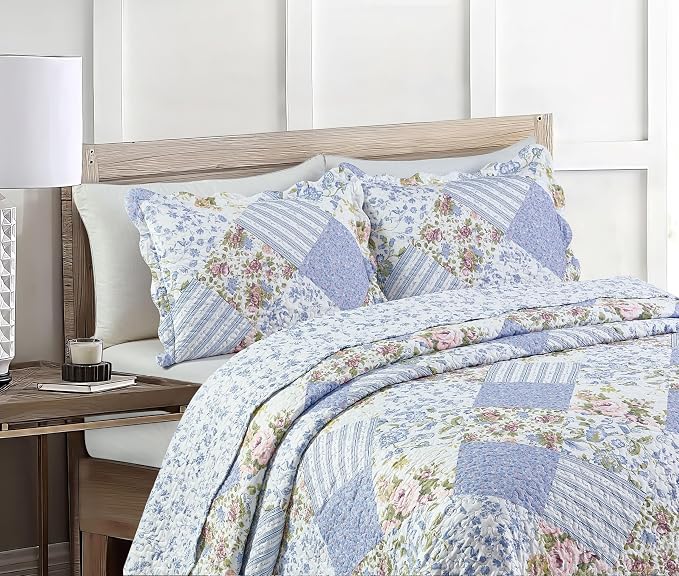 Brilliant Sunshine Blue Rose Patchwork, 3-Piece Quilt Set - Image 3