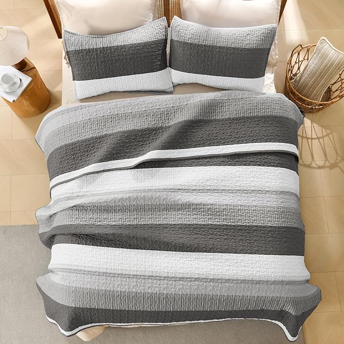 Litanika Quilt King Size Dark Grey, Stripe Patchwork Summer Bedspread Coverlet - Image 3