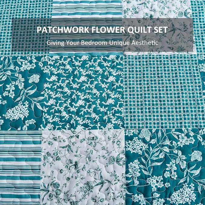 Mybedsoul Teal Blue Quilt Set Queen Size 3 Pieces Boho Plaid Turquoise Floral - Image 6