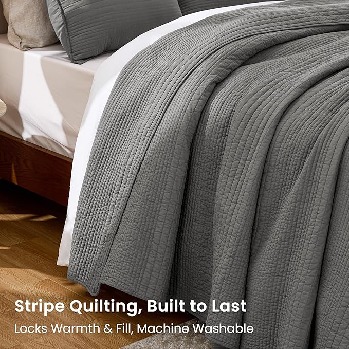 Love's cabin Queen Size Cotton Quilt Set, 100% Cotton Fabric Striped Textured - Image 3