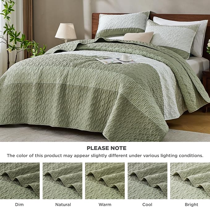 Andency Queen Quilt Bedding Set Weat Green, 3 Pieces Patchwork Summer Striped - Image 7