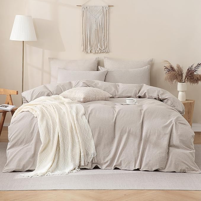 TOCOMOA Mini Gingham Tan Duvet Cover Bedding Set 100% Washed Cotton Like Linen - Image 3
