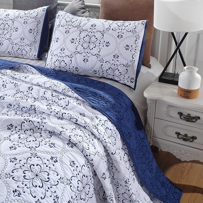 ROOMLIFE Quilt Set King Size 3D Floral Embroidery Pattern 3-Piece Cotton - Image 9
