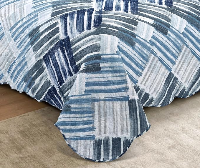 Brilliant Sunshine Blue and Grey Stripe Blocks Patchwork, 3-Piece Quilt Set - Image 4