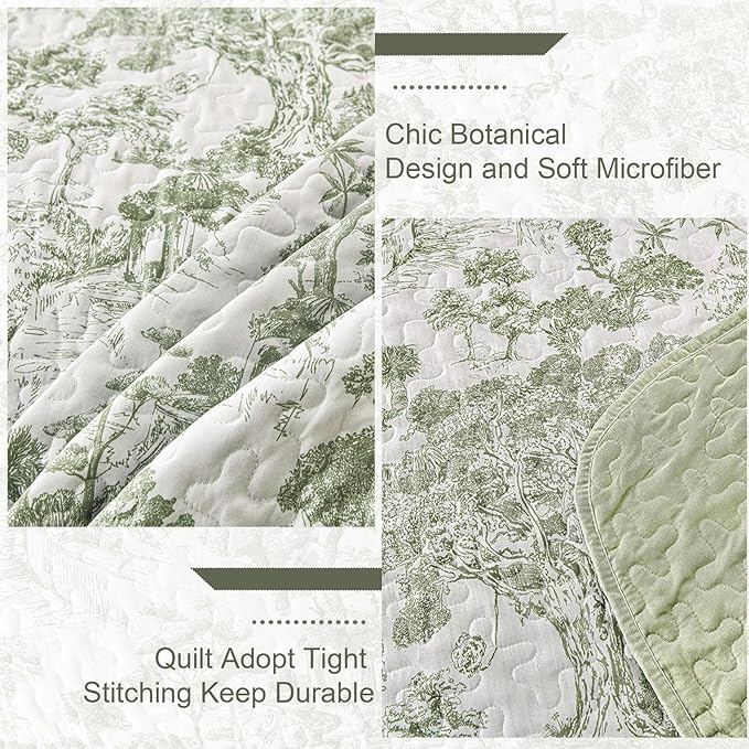 WONGS BEDDING Botanical Quilt Set Queen Size, Sage Green 3 Pieces Toile Floral - Image 5