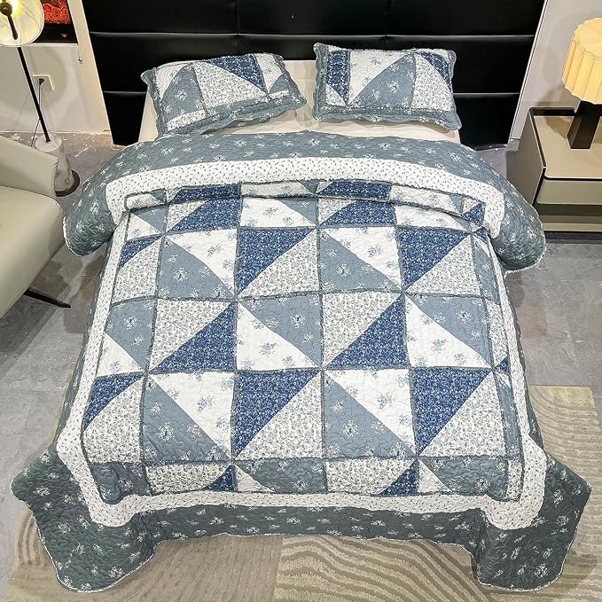 Oversized King Size Grey Floral Plaid Patchwork Quilt Set 128x120 Extra Wide - Image 4
