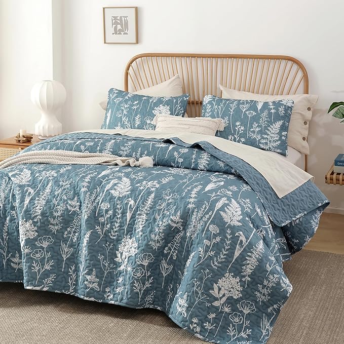 JANZAA Quilts Queen Size Bed Spread Botanical 3 Pieces Quilts Queen Size Sets by JANZAA