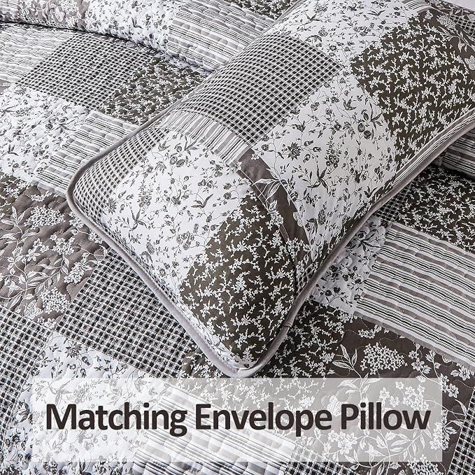 Mybedsoul Grey Boho Quilt Set Queen Size, 3 Pieces Plaid Floral Bedspread - Image 6
