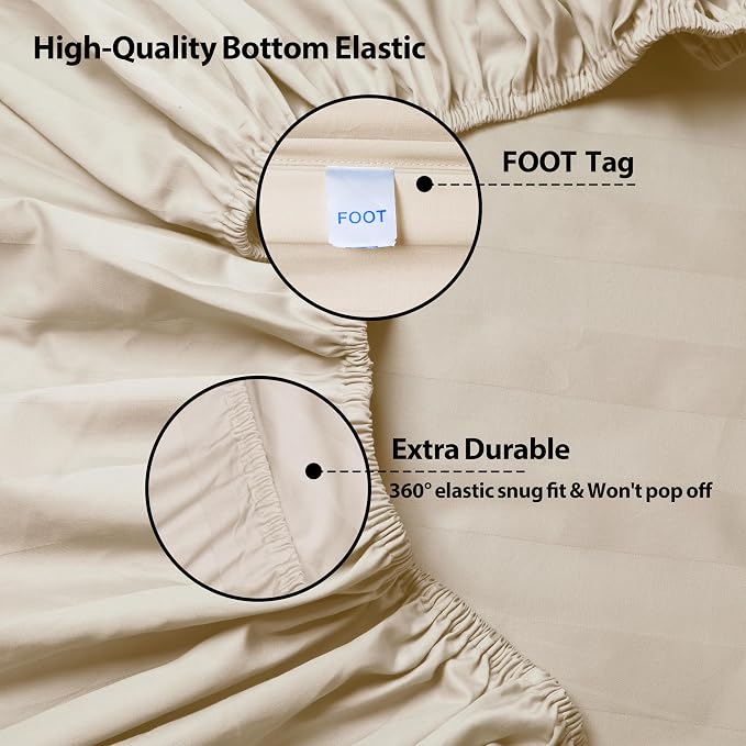 Full Size Striped Fitted Sheet Only Beige Color, 100% Egyptian Cotton 600 - Image 5