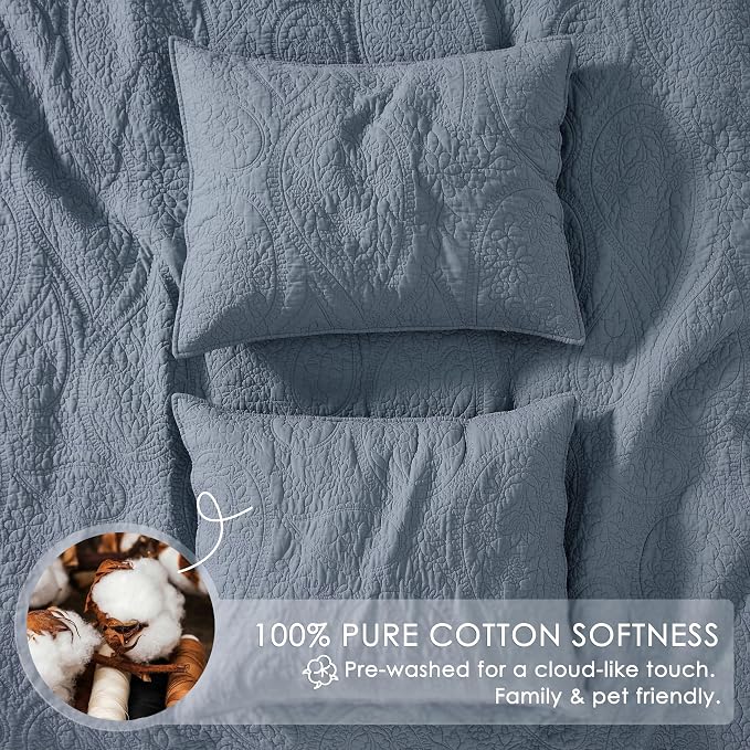 palassio Dusty Blue Paisley 100% Cotton Quilt Twin Size Bedding Sets - Image 4