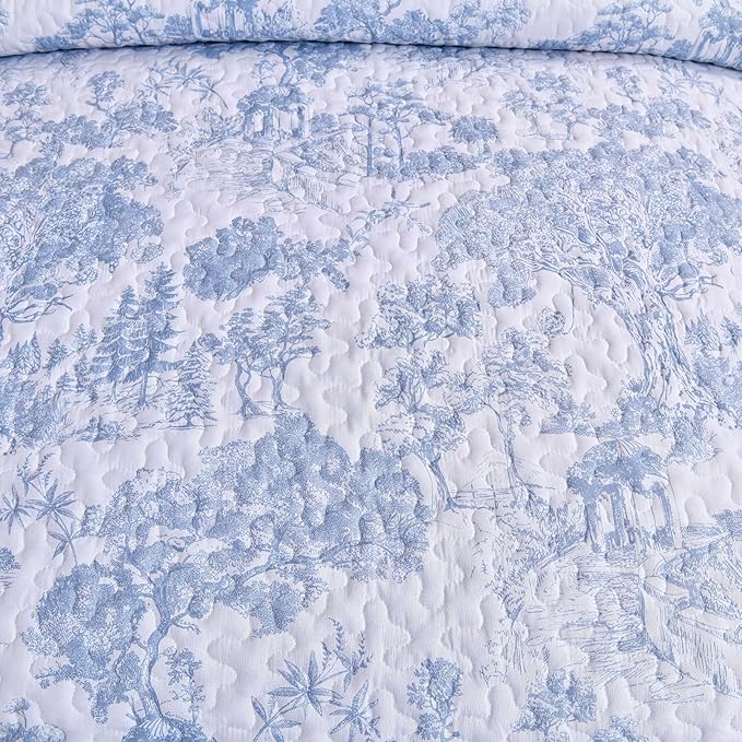 WONGS BEDDING Blue Quilt Set Queen Size, 3 Pieces Botanical Bedspreads Set - Image 6