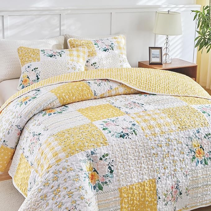Joyreap 3 Pieces Patchwork Quilt Set California King, 102x114 inches- Yellow n - Image 6