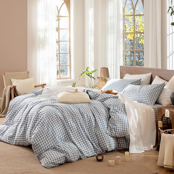 MooMee Gingham Duvet Cover Set 100% Washed Cotton Linen Like Textured - Image 3