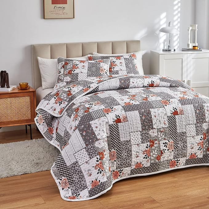 Patchwork Quilt Set Full/Queen Size, 3 Pieces Grey Floral Plaid Summer - Image 2