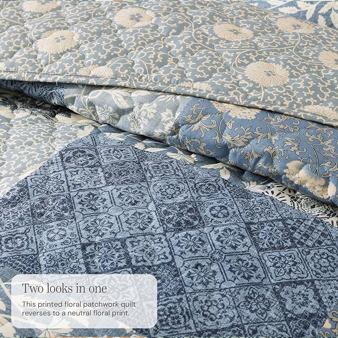 BLOOMHAVEN Quilt Set Queen Size, Patchwork Blue Floral Quilt Sets, Reversible - Image 3