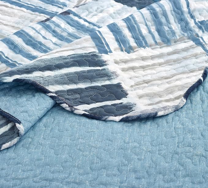 Brilliant Sunshine Blue and Grey Stripe Blocks Patchwork, 3-Piece Quilt Set - Image 5