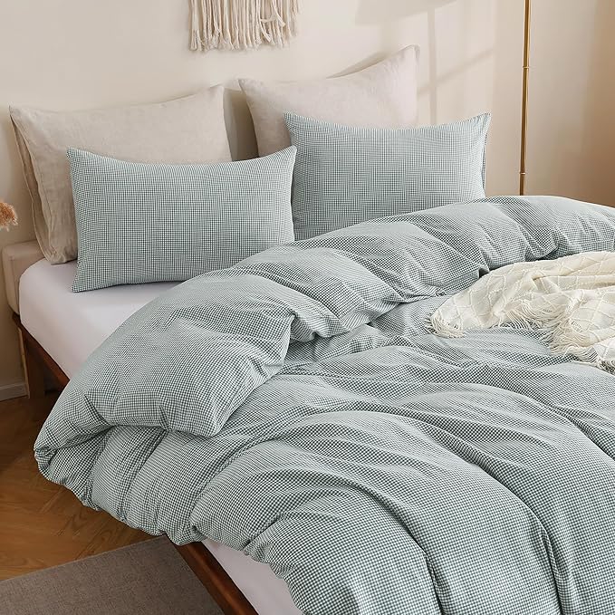TOCOMOA Mini Gingham Green Duvet Cover Bedding Set 100% Washed Cotton Like - Image 4