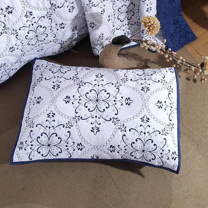ROOMLIFE Quilt Set King Size 3D Floral Embroidery Pattern 3-Piece Cotton - Image 3