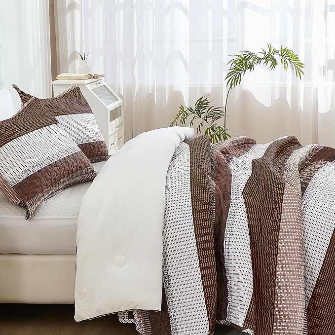 Andency Queen Quilt Bedding Set Brown, 3 Pieces Patchwork Coffee Striped Ultra - Image 2