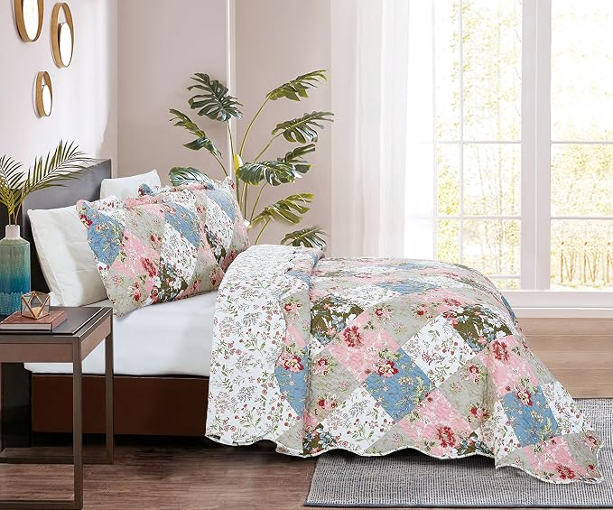 Brilliant Sunshine Peach and Olive Flowers Patchwork, 3-Piece Quilt Set - Image 7