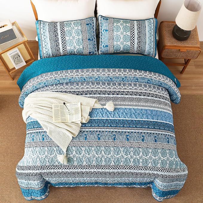 WONGS BEDDING Boho Quilt Set Queen Size, Teal Blue Bohemian 3 Pieces Quilt Sets - Image 3