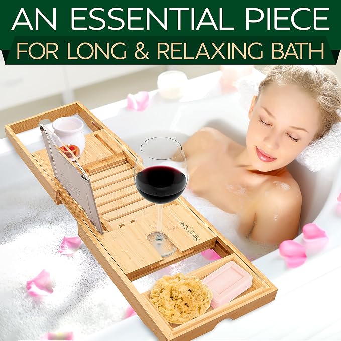 SereneLife Premium Bathtub Tray Caddy, Expandable Bath Tray, Unique House - Image 2