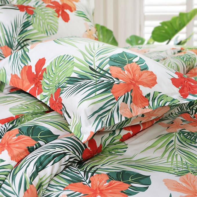 FADFAY Hawaiian Style Red Hibiscus Palm Leaves Tropical Duvet Cover Set Summer - Image 9